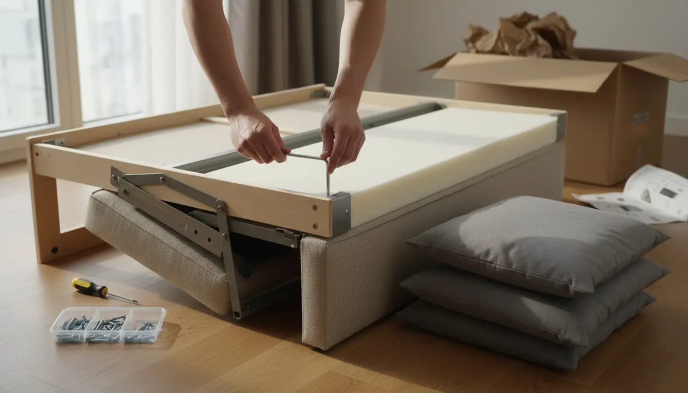 Halvfærdig sovesofa i en lys stue med værktøj og hænder, der samler den.