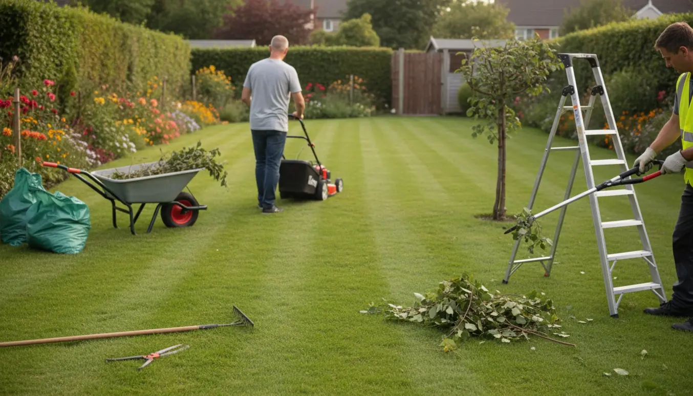 Havearbejde i en 600 m² have med græsslåning, beskæring af træer og haveredskaber samlet ved siden af.