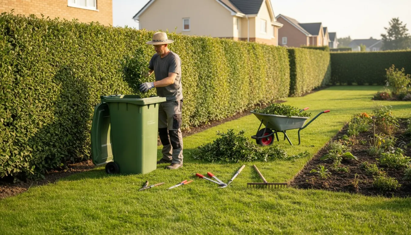 Lang ligusterhæk klippes mens haveaffald samles i en beholder i en velplejet have.