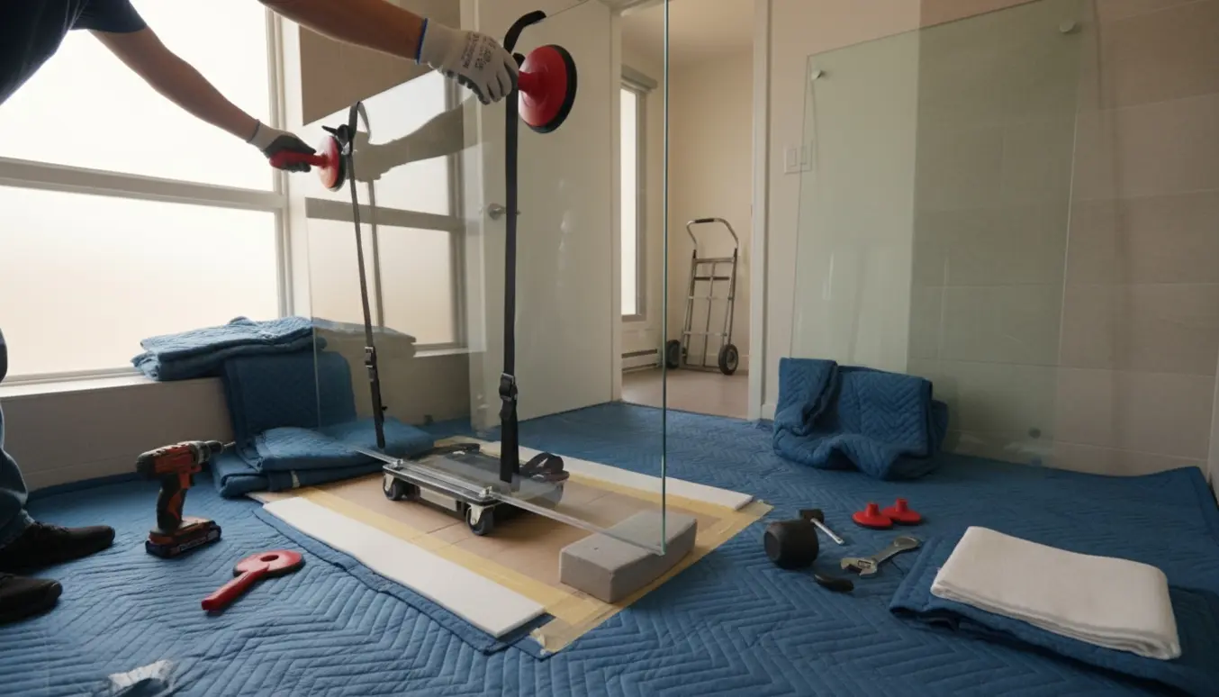 Forsigtig nedtagning af en glasbrusevæg i et badeværelse med gulvet dækket af beskyttende tæpper.