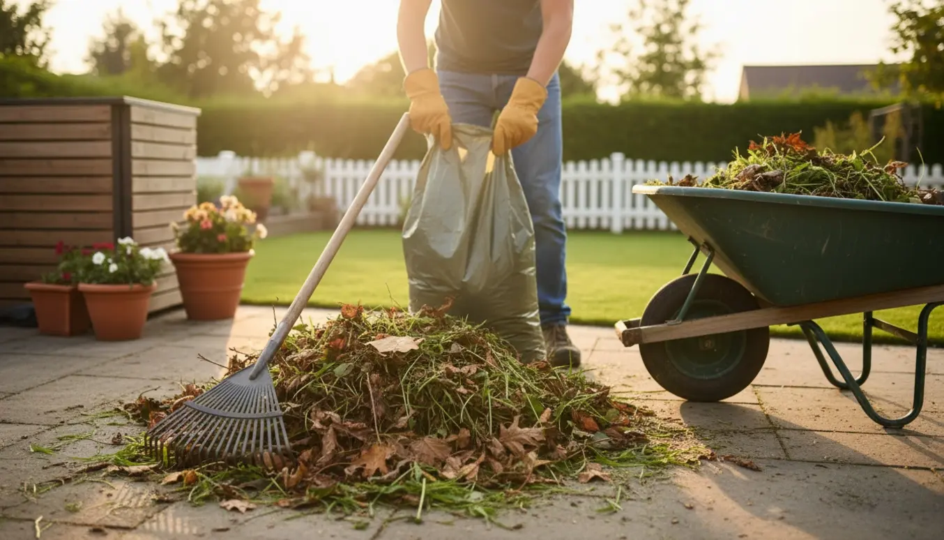 Hænder fylder en komposterbar pose med blade og små grene ved en trillebør i en solfyldt baghave.