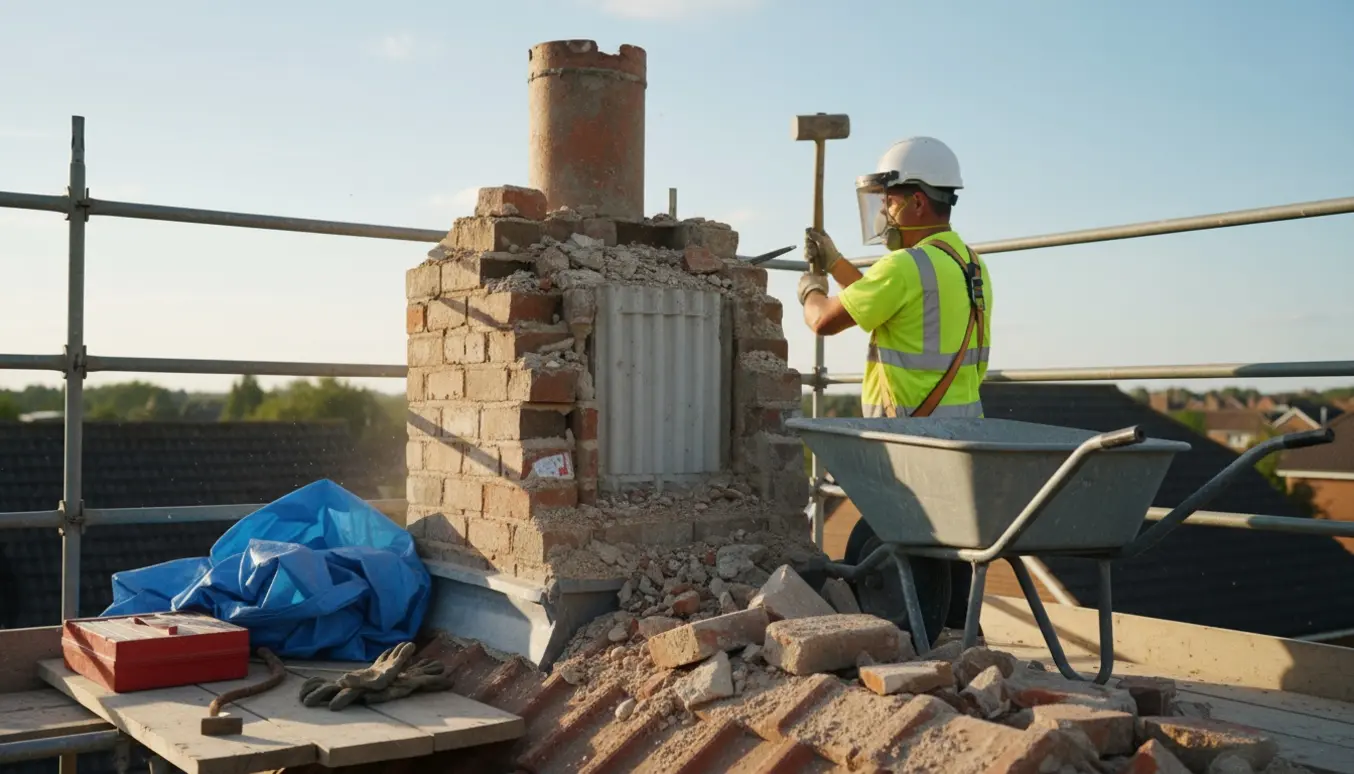 Delvist nedrevet murstensskorsten på tag med eksponeret isokern-kern, stillads og murbrokker.