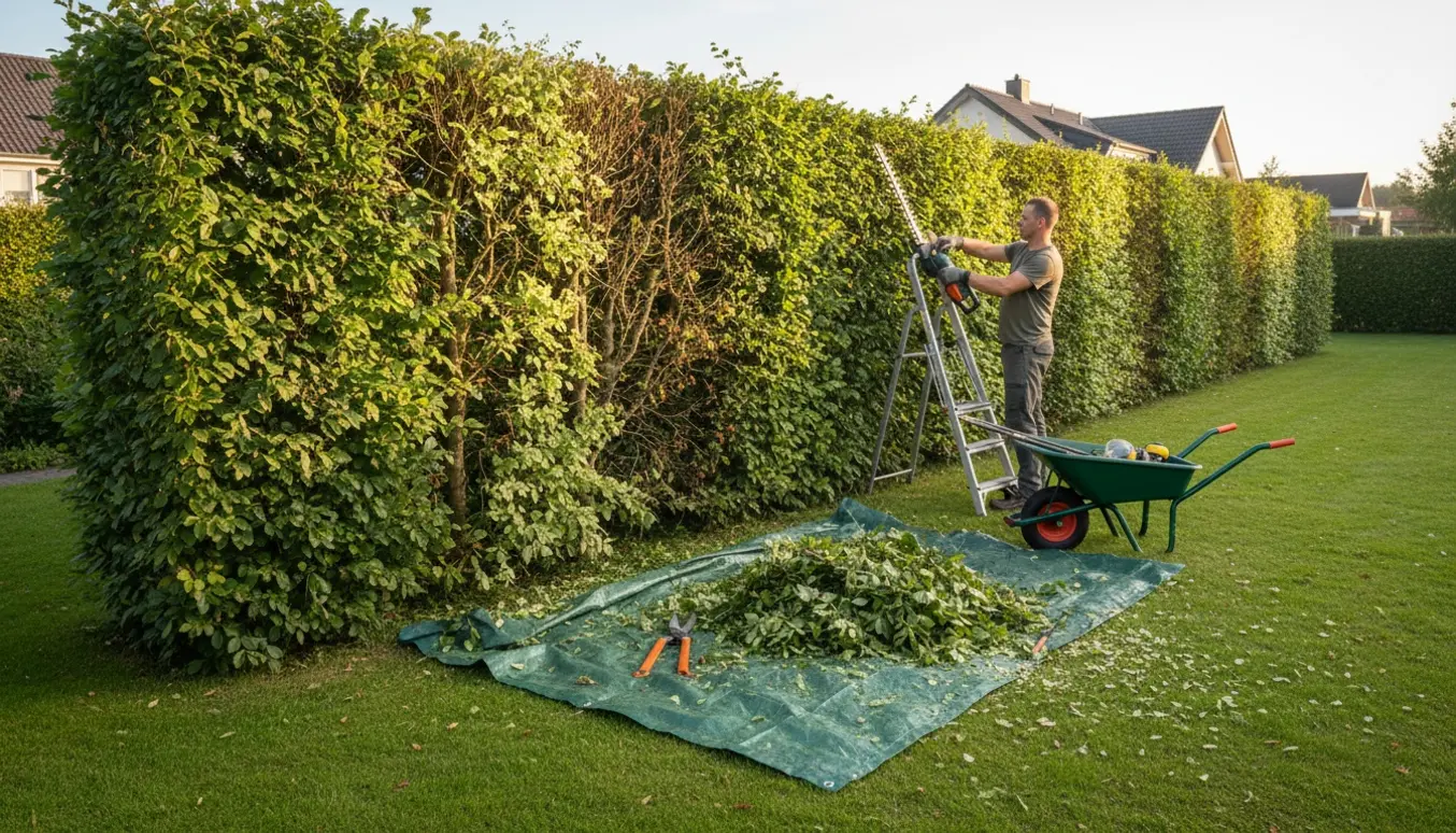 Bøgehæk bliver klippet med en elektrisk hækklipper i en have, med klip samlet på en presenning og ingen ansigter synlige.
