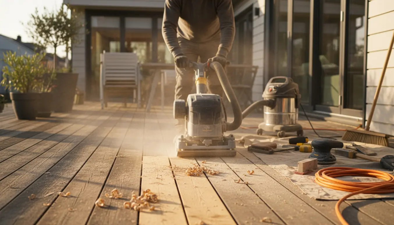 Professionel slibning af træterrasse med gulvsliber og synlig forskel mellem slibede og vejrpåvirkede brædder.