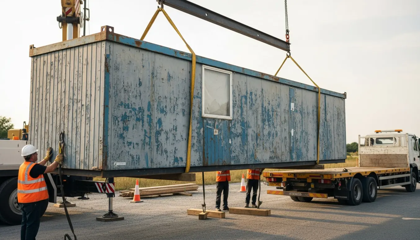 En kran løfter en skurvogn uden hjul op på en lav trailer mens arbejdere i sikkerhedsudstyr guider den.