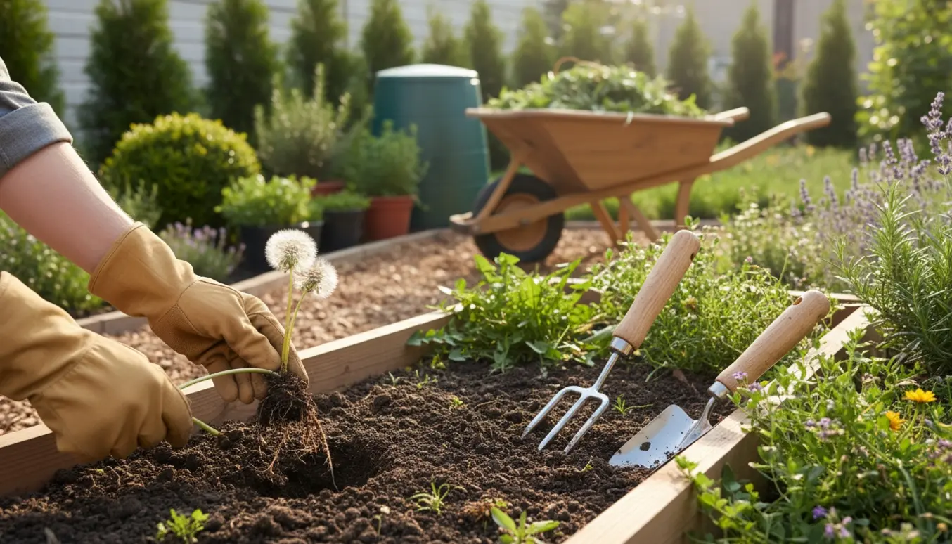 Hænder iført handsker trækker ukrudt op af jorden i en solbeskinnet have.