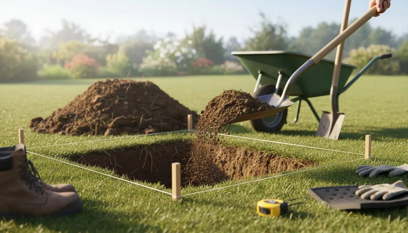Opgravning af jord i et afgrænset stykke græs med spade, trillebør og jordbunke.