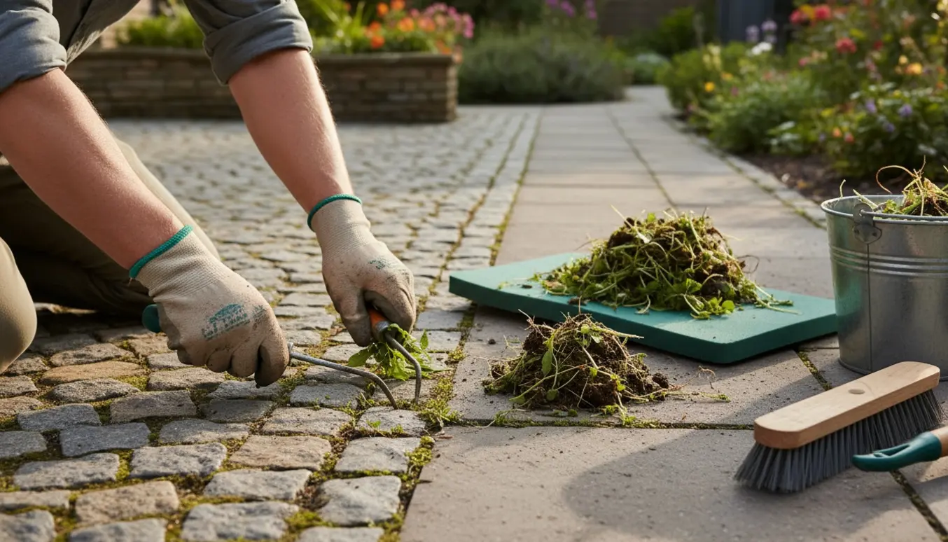 Hænder trækker ukrudt op mellem fliser i en stenbelagt indkørsel med haveredskaber ved siden af.