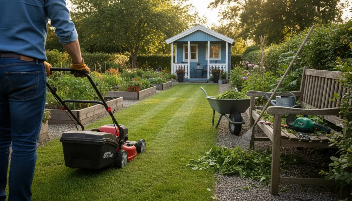En kolonihave med en person set bagfra, der slår græs og klipper hæk med værktøj og nyklippede grene omkring sig.
