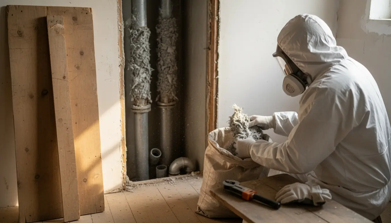 Arbejder i beskyttelsesdragt fjerner teknisk asbestisolering fra en åben rørskakt under renovering.