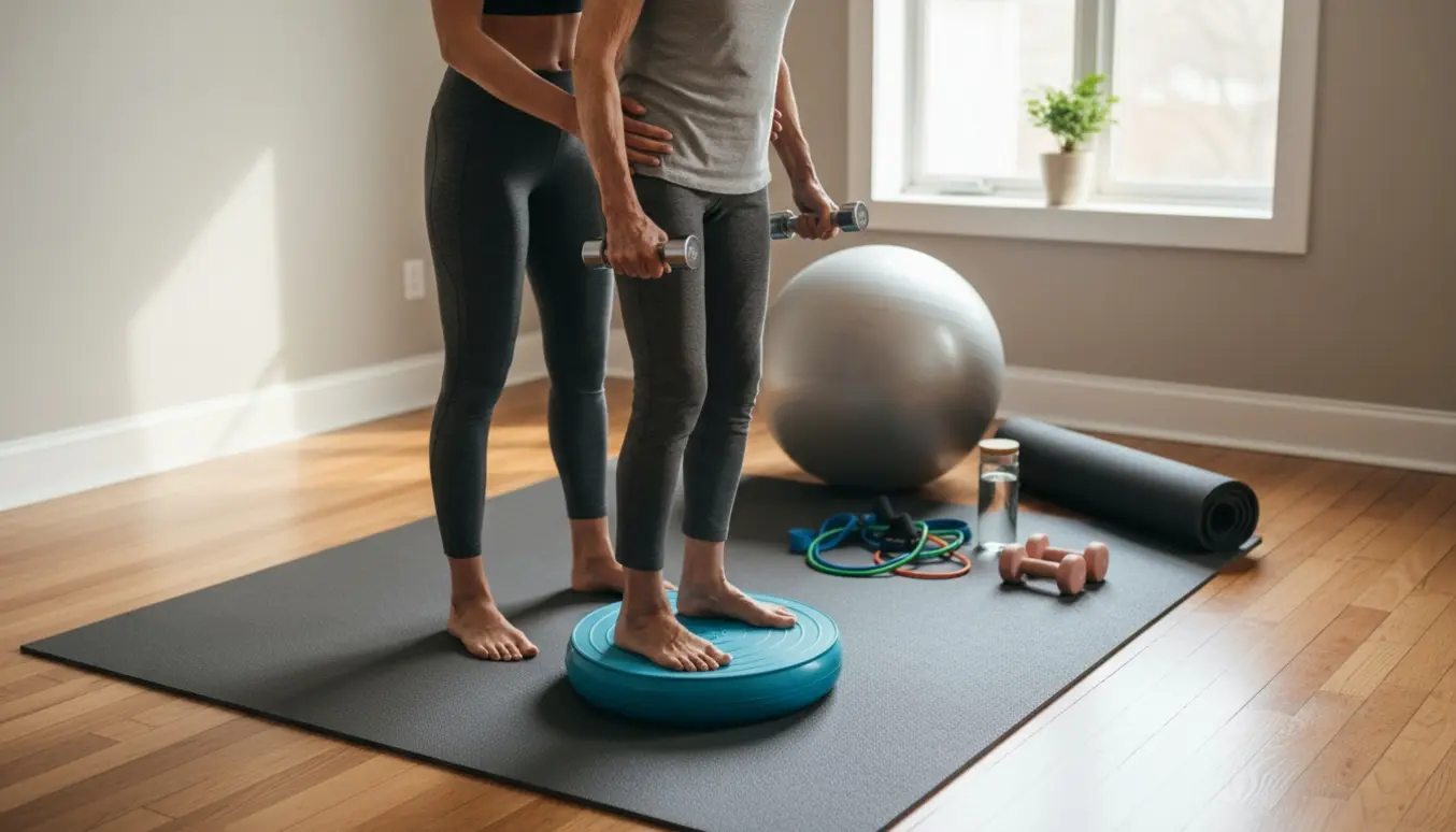 En kvindelig træner støtter en ældre kvinde i balance- og styrkeøvelser i et lyst hjemmetræningslokale.