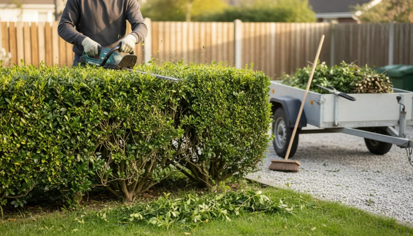 Nærbillede af en ligusterhæk i færd med at blive klippet og afklip læsset i en trailer.