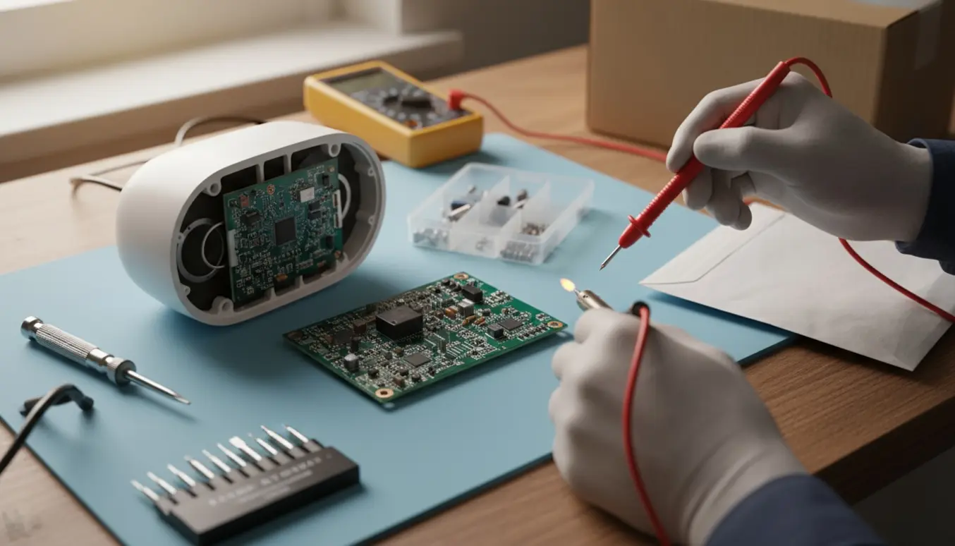 Nærbillede af en åben trådløs højttaler på et værkstedsbord med værktøj og en loddekolbe klar til reparation.