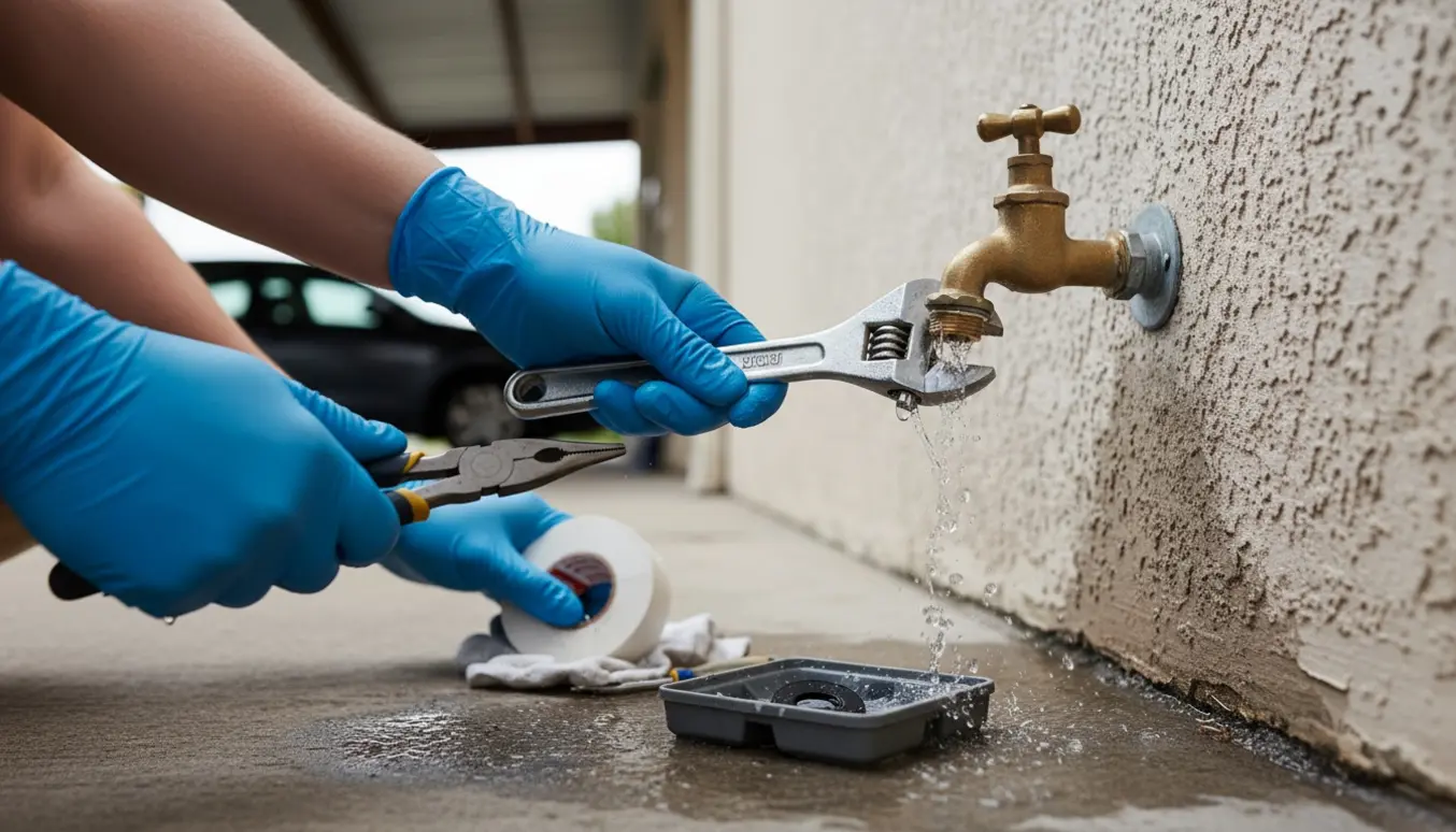 Nærbillede af en udendørs vandehane i carport under reparation med handske-klædte hænder, skiftenøgle og let vandsprøjt.