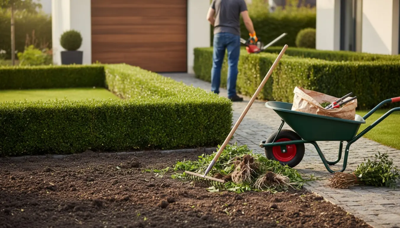 Hyggelig have på terrasse og foran hus med nypudsede hække, opsamlet grønt affald og haveredskaber klar til bortkørsel.