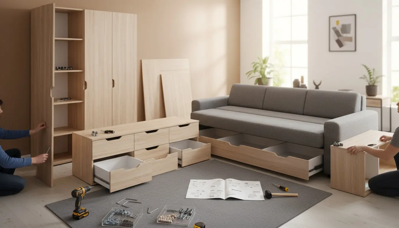 Møbler samles i et lyst opholdsrum med panels, skruer og værktøj, mens en sovesofa og kommoder er delvist monteret.
