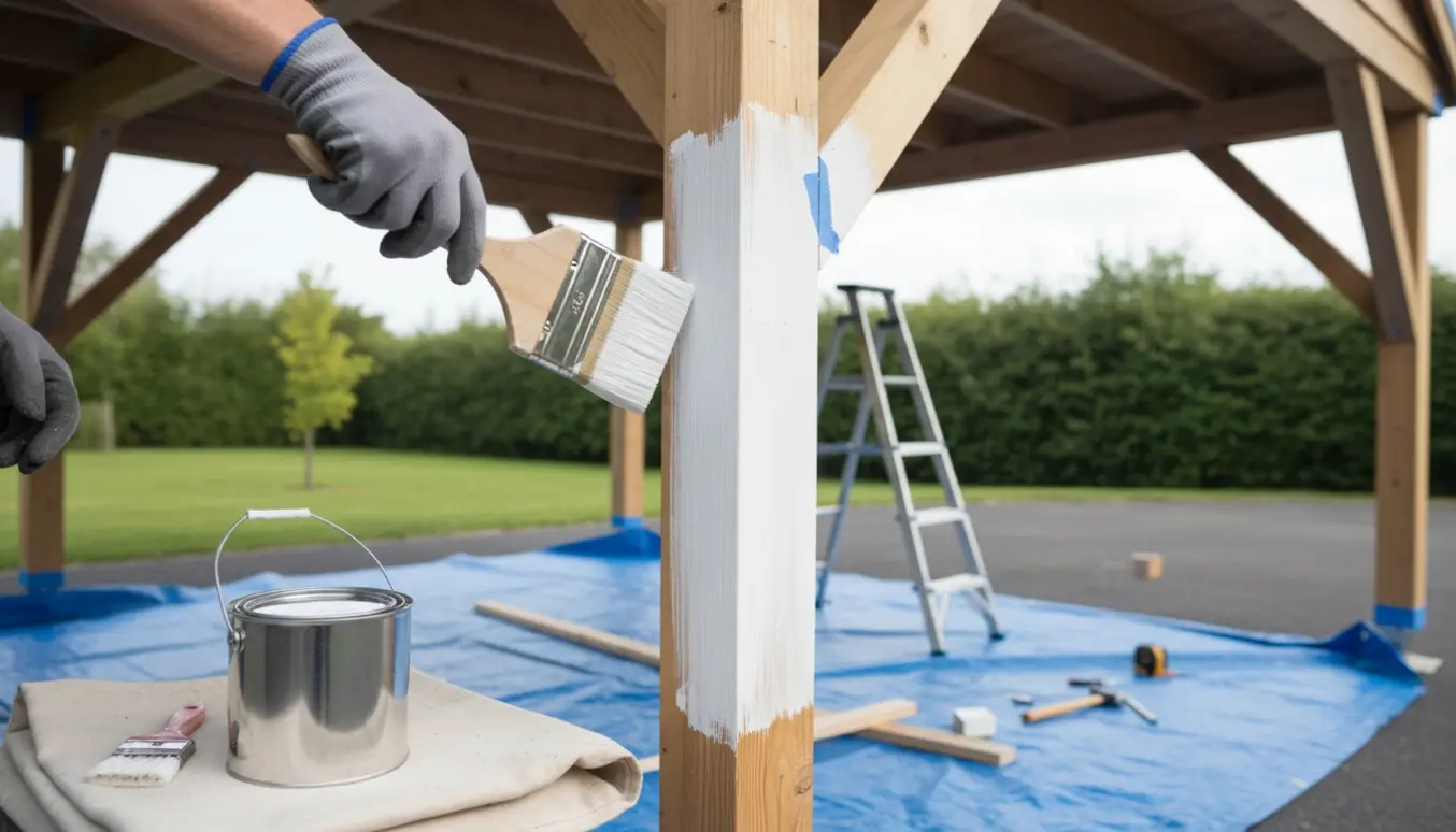 Dobbelt carport hvor hænder maler træværk med hvid træbeskyttelse, med malerbøtte og stige i baggrunden.