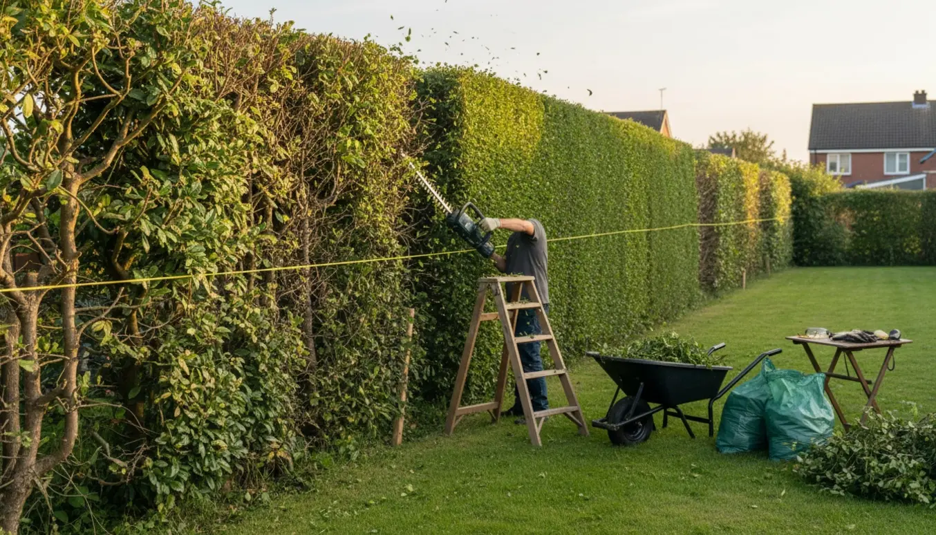 Nærbillede af en ligusterhæk der bliver klippet med hækkeklipper, med kviste i trillebør og poser til haveaffald.
