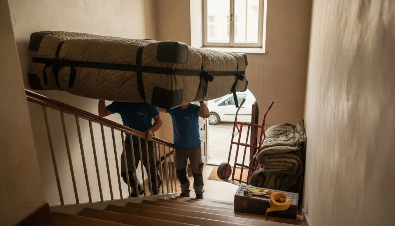 To flyttefolk bærer en stor kontinentalseng ned ad en trappeopgang pakket i flyttetæpper og sikret med stropper.