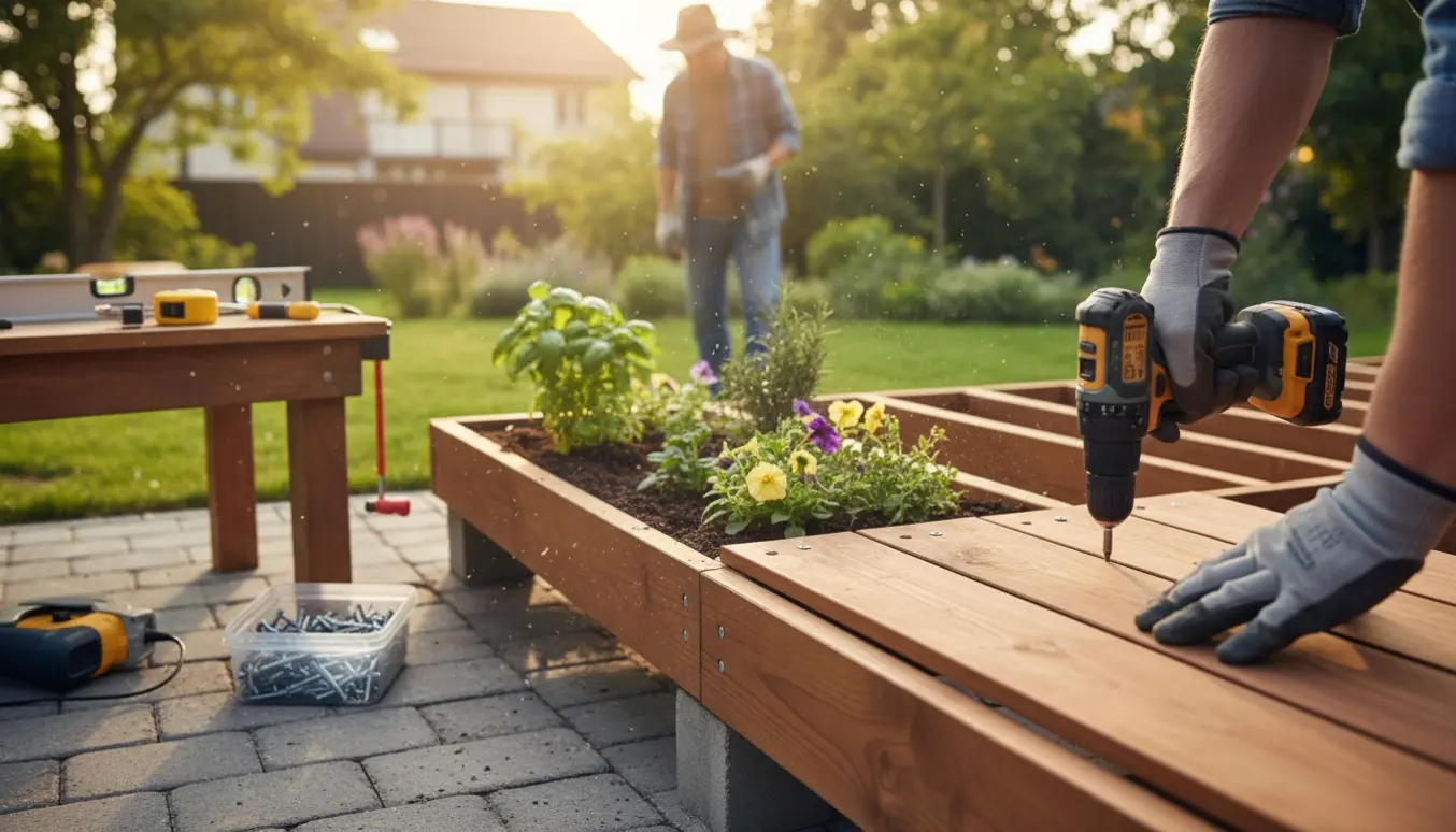 Udeplads under byggeri med hænder, der skruer terrædbrædder fast og indbyggede plantekasser med jord og grønne planter.