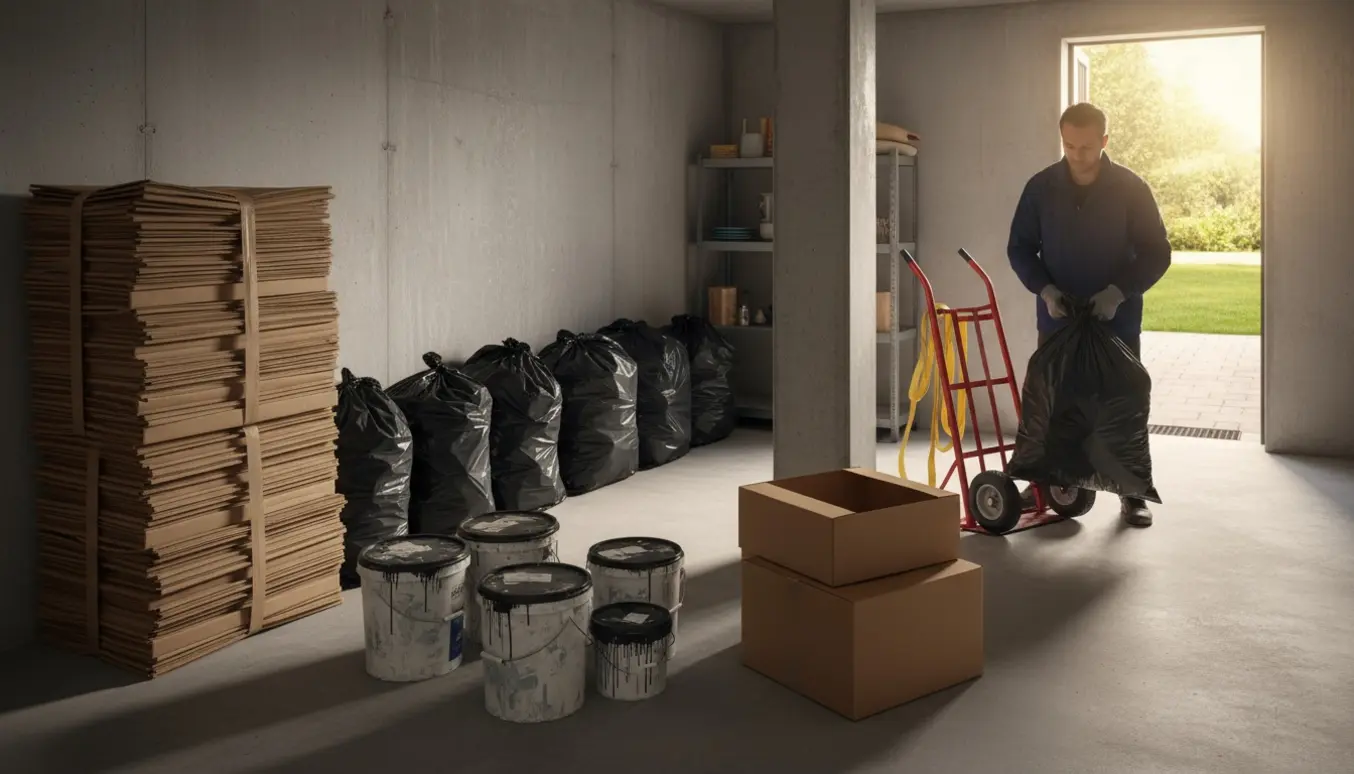 Kælderrum med stabler af tapetseret pap, sorte affaldssække og malerspande ved en åben dør, klar til afhentning.