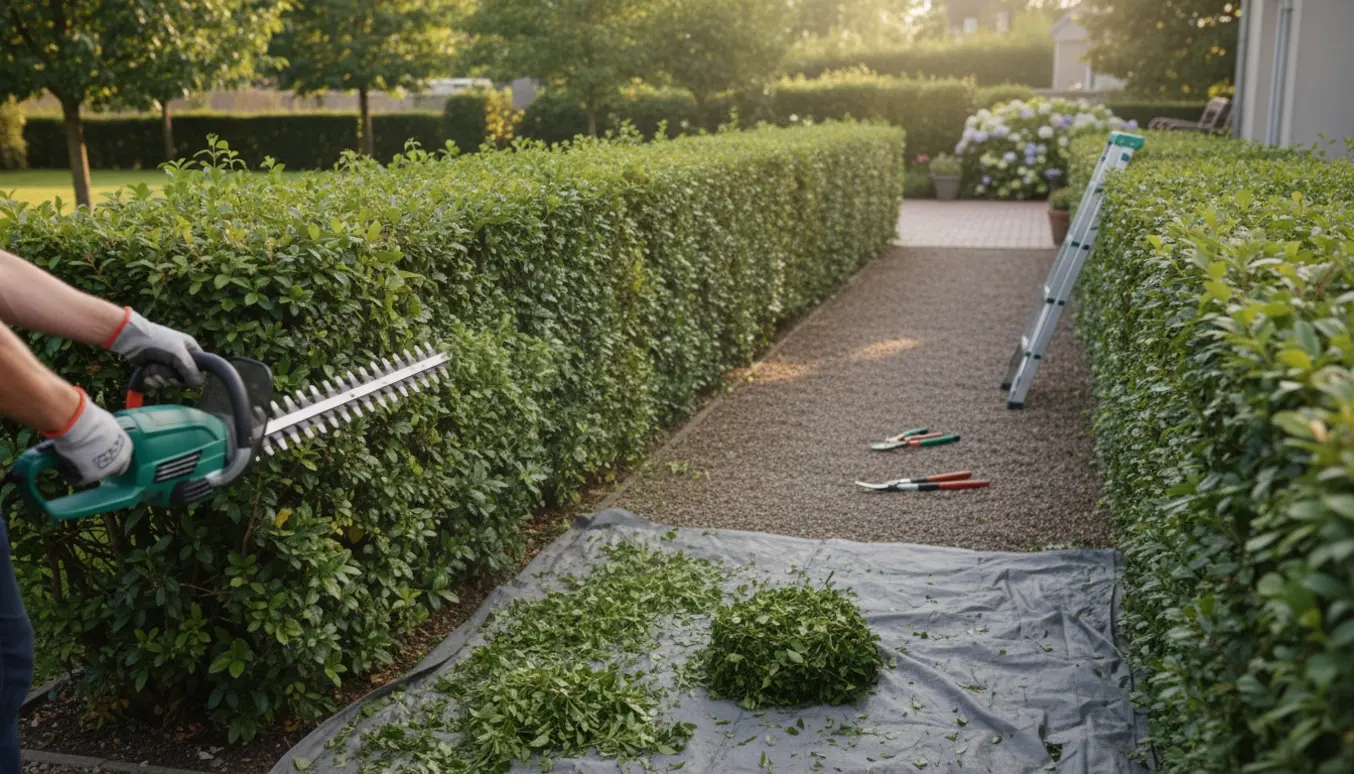 Hækkeklipning på begge sider af en ca. 8 meter hæk med handsker og hækkeklipper i en solrig have.