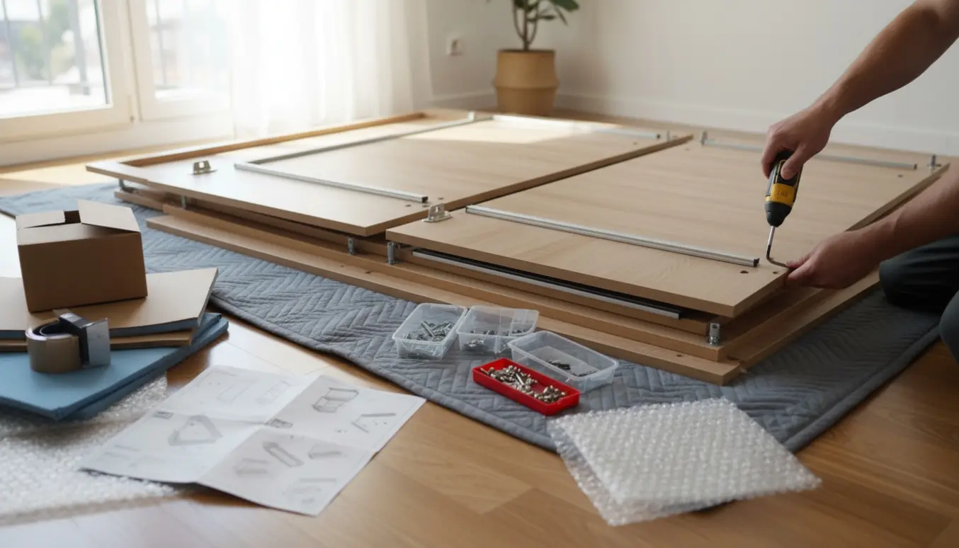 Person set bagfra adskiller et Ikea-skab med værktøj og organiserede skruer, klar til flytning.