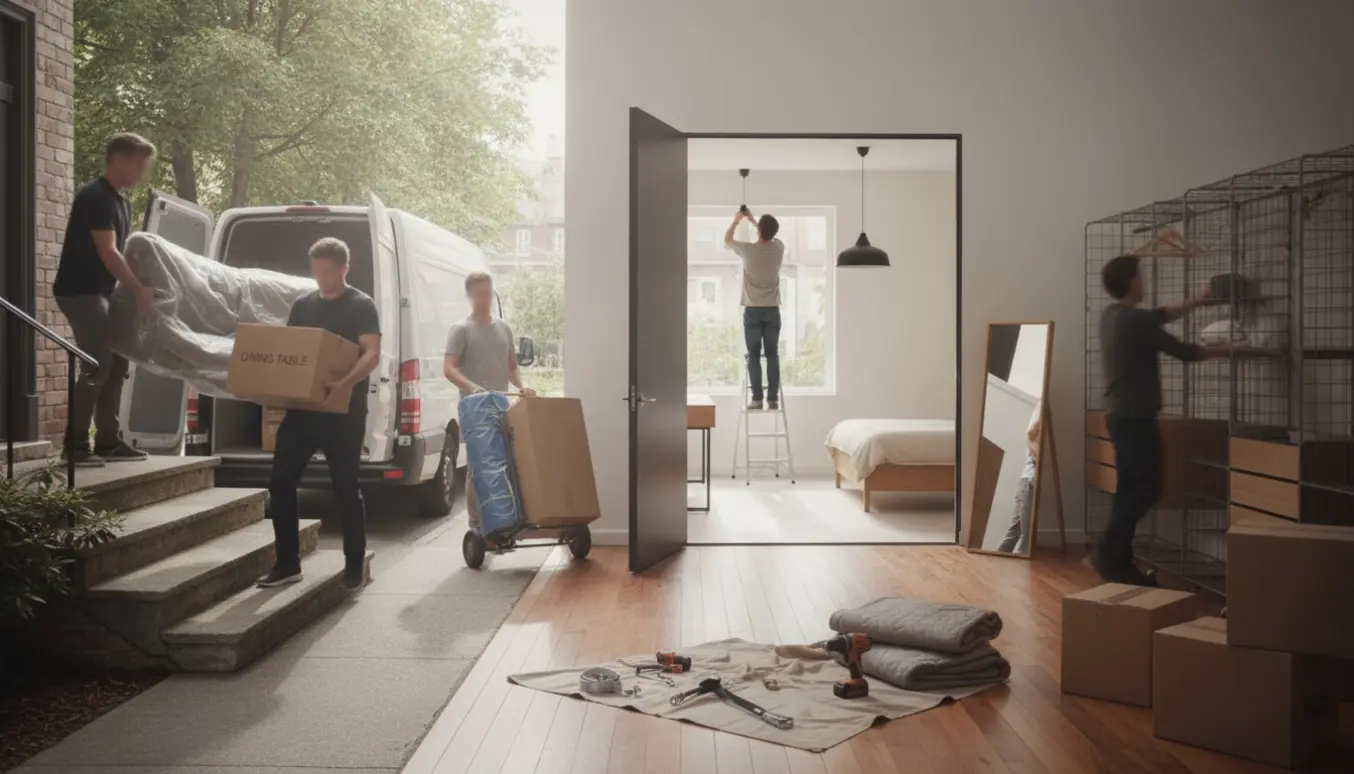 Flyttefolk læsser møbler i varevogn foran en lejlighed, mens en handymand på stige monterer lampe og garderobesystem.