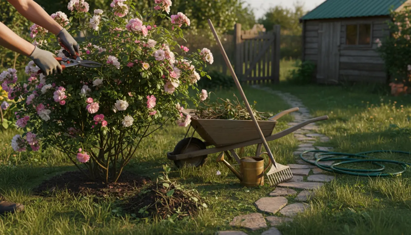 Hænder beskærer en busk i en lille have med værktøj og åben haveport i baggrunden.