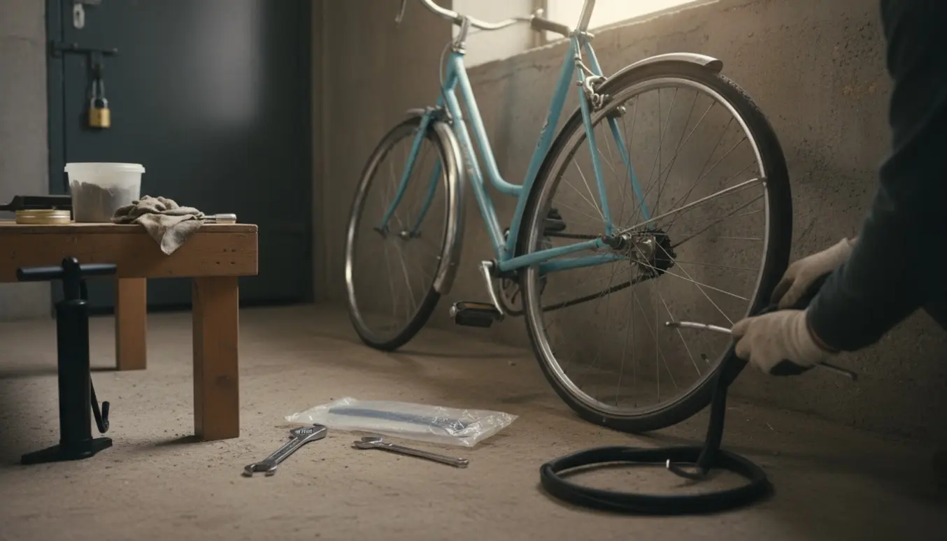 Hænder skifter slanger på for- og baghjul af en damecykel i et aflåst kælderrum.