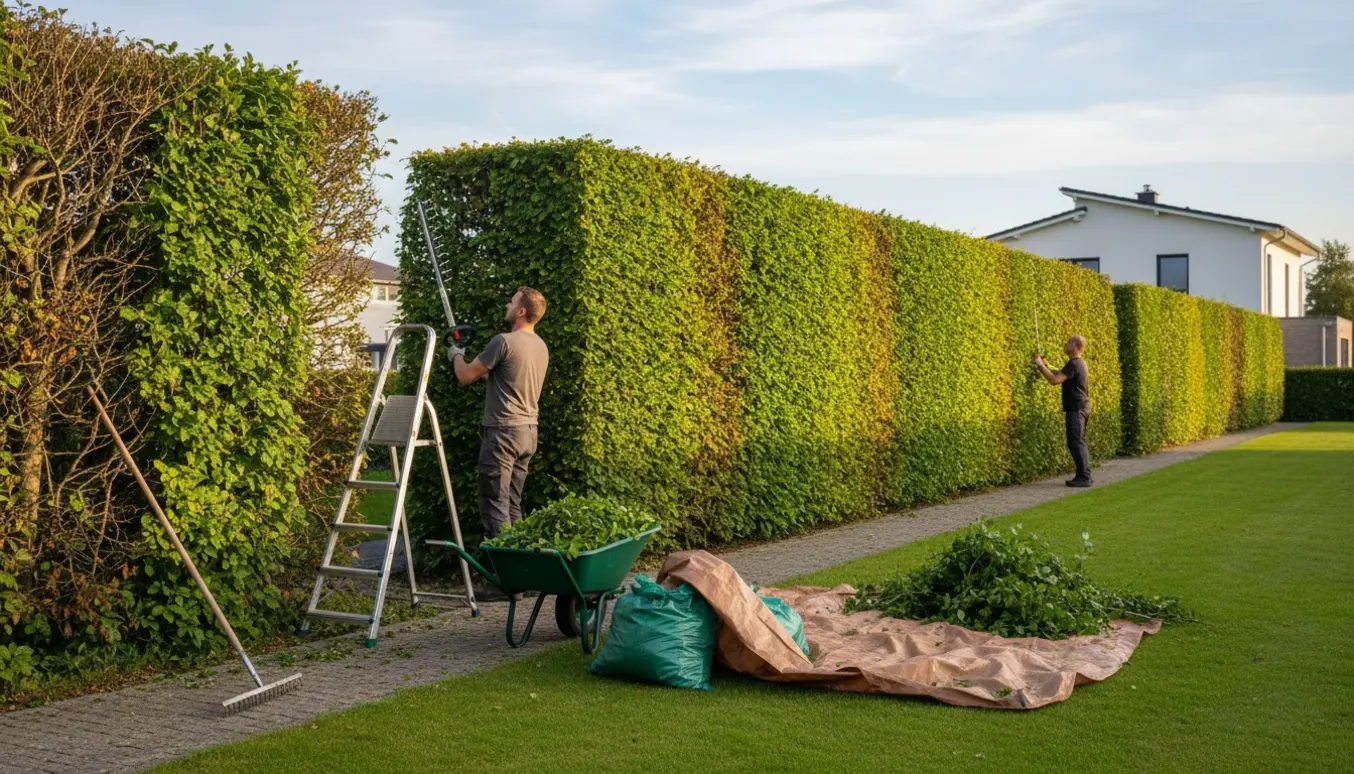 Gartner trimmer en lang bøgehæk, afklip samles i trillebør og på presenning ved siden af.