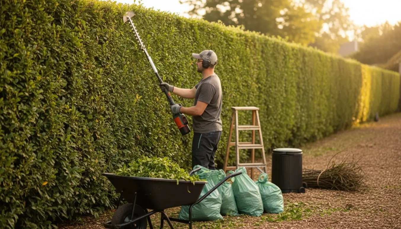 Lang ca. 2 m høj hæk klippes med hækkeklipper, og afklip samles i trillebør og grønne sække.