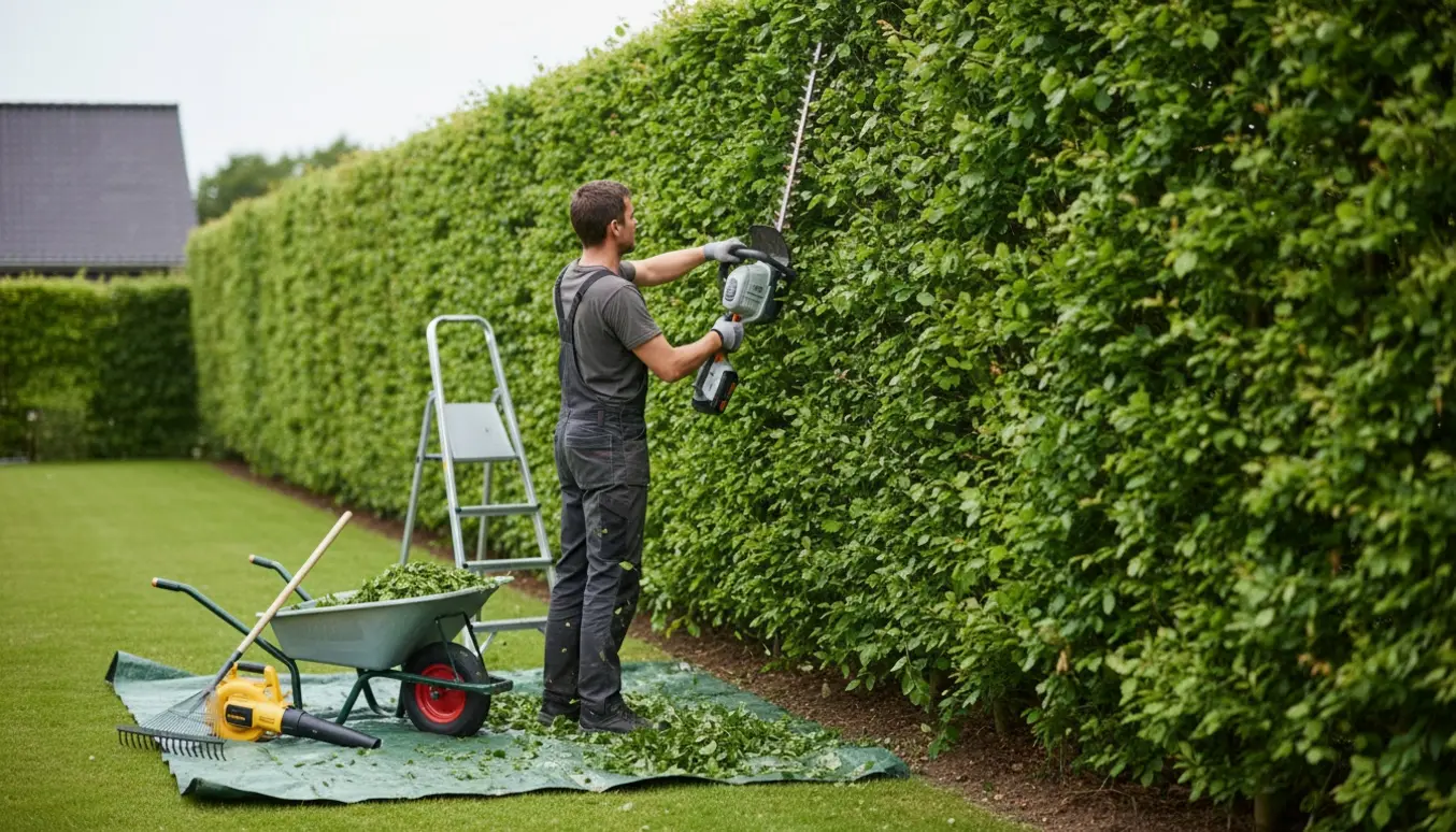 Person set bagfra klipper en høj bøgehæk med batterihækkeklipper, friske afklip samlet i trillebør.