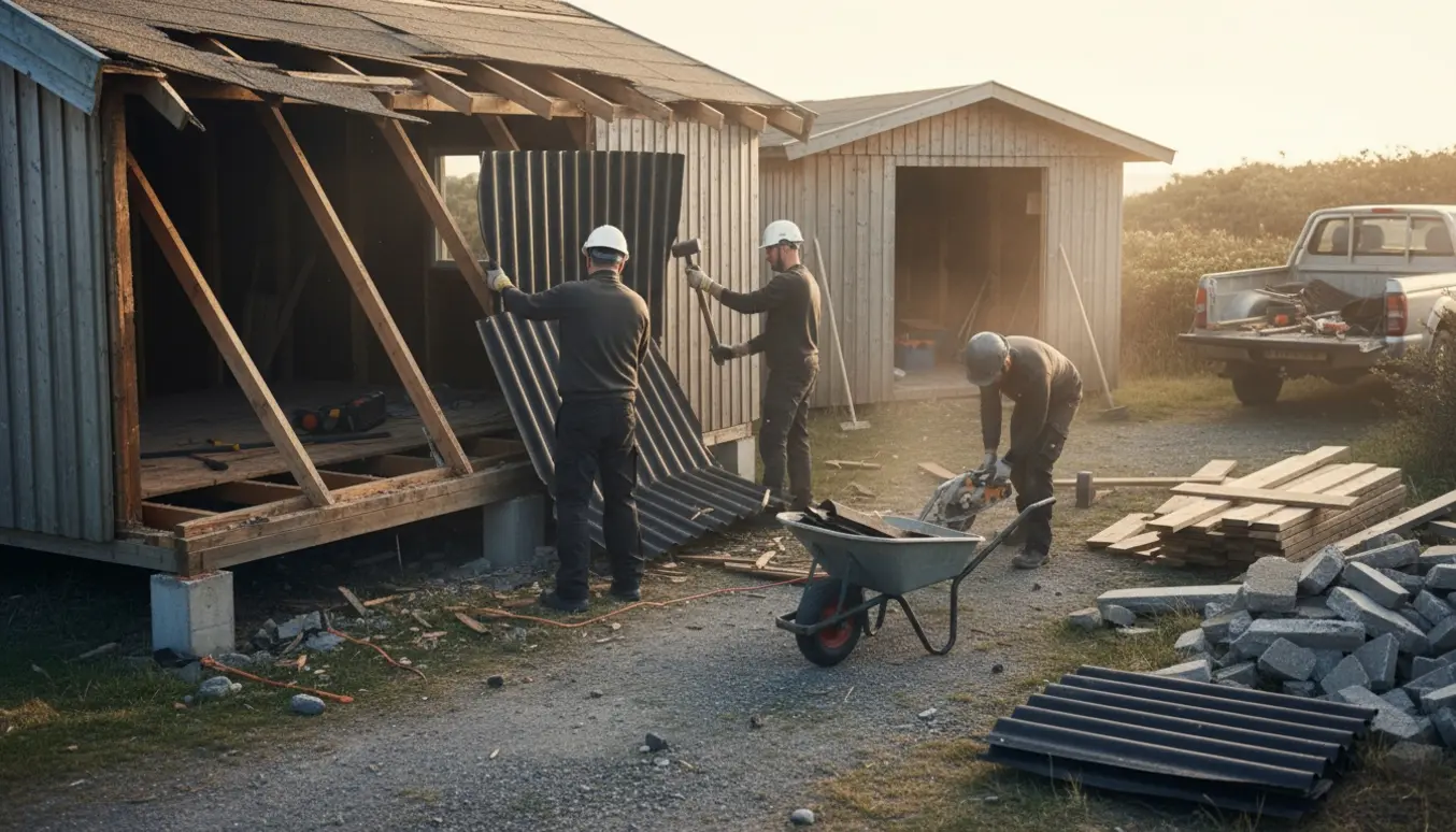 Delvist nedrevet anneks og skur på en sommerhusgrund med værktøj og bunker af byggematerialer.
