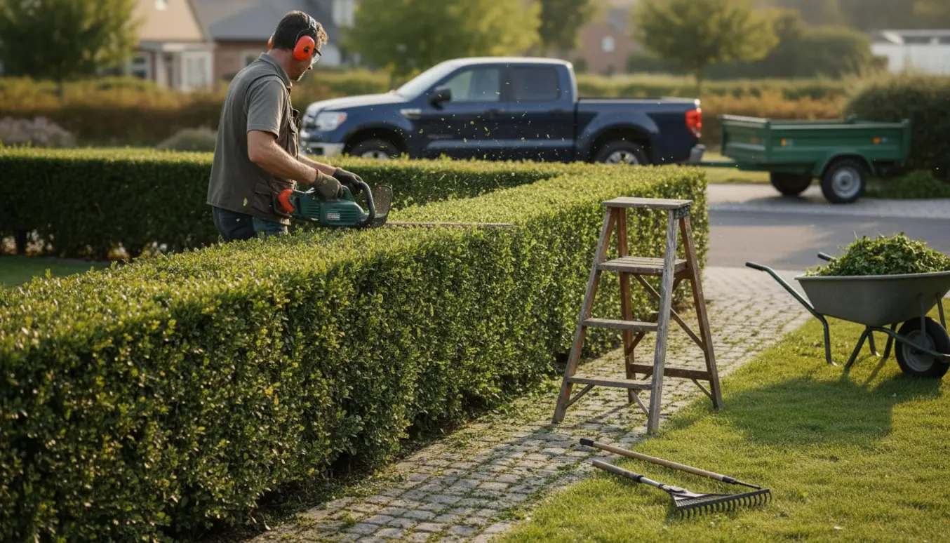 En person trimmer en hæk med hækkeklipper og lægger afklip i en trailer.