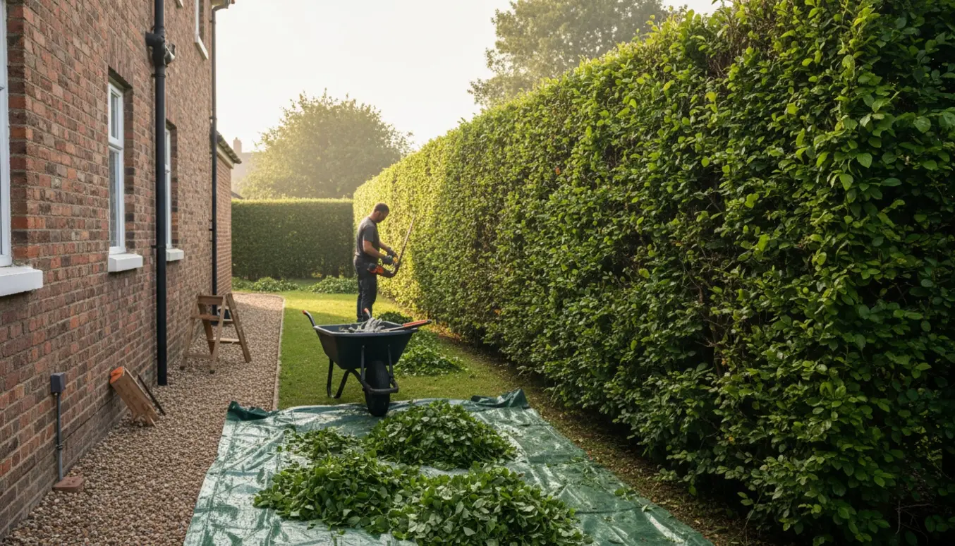 En person trimmer en lang bøgehæk langs et enderækkehus med afklip og redskaber samlet på stien.