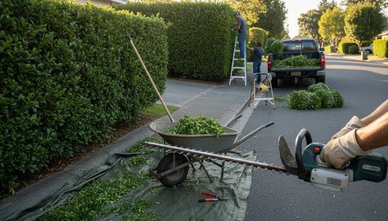 En gartner trimmer hække ved en villavej og læsser afklip i en trailer, uden synlige ansigter.