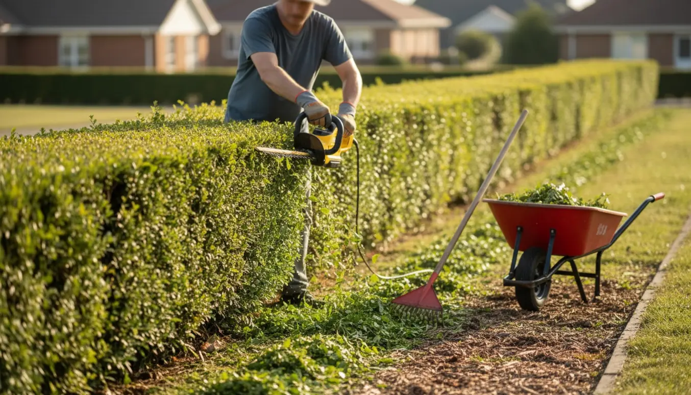 En person beskærer en lang, cirka 1,5 m høj hæk i en solrig have med en elektrisk hækkeklipper og bunker af afklip ved fodroden.