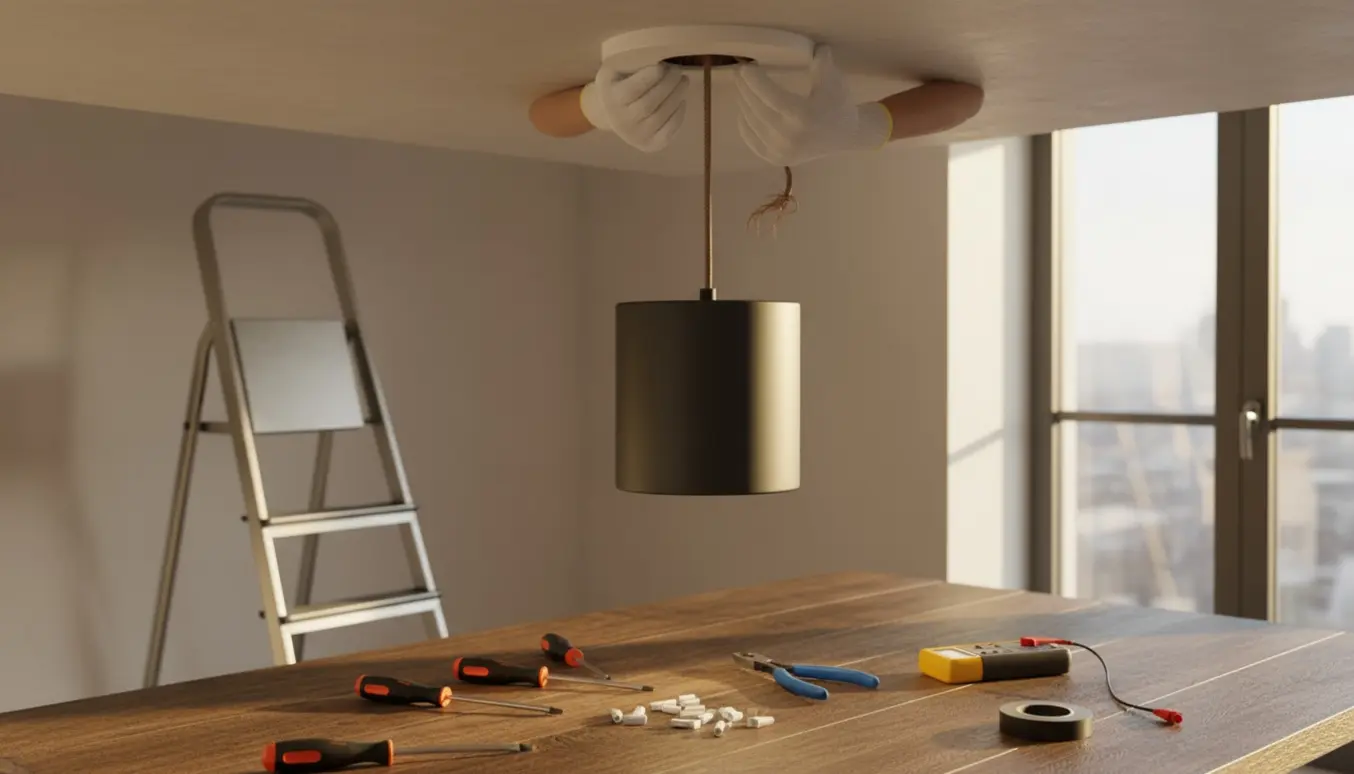 Handskered håndværker hænger en pendellampe op over et spisebord med værktøj og en gammel ledning klar til fjernelse.