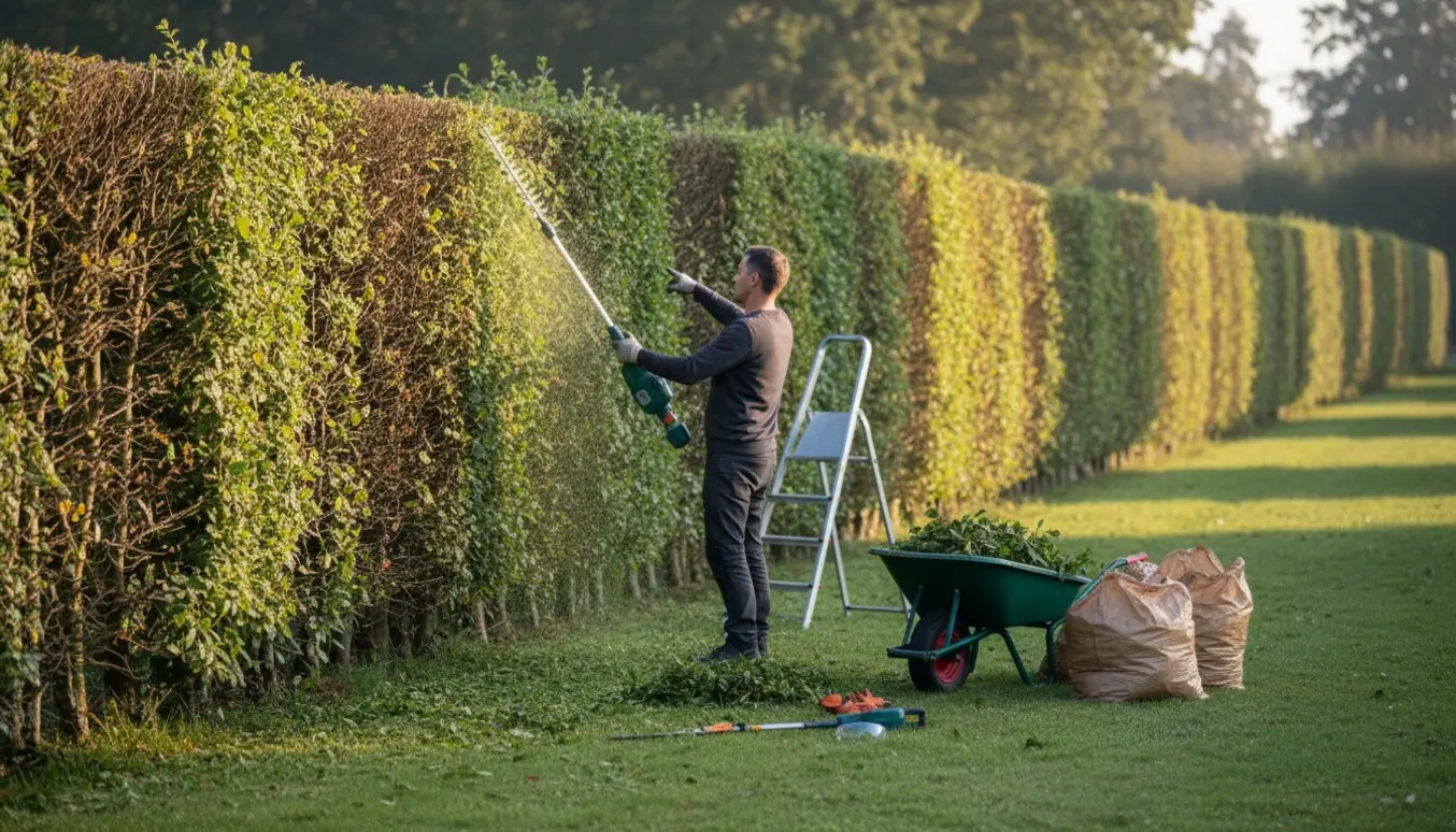 En person klipper en cirka 60 meter lang, omkring 2 meter høj hæk med stanghækkeklipper mens afklip ligger samlet på græsset.