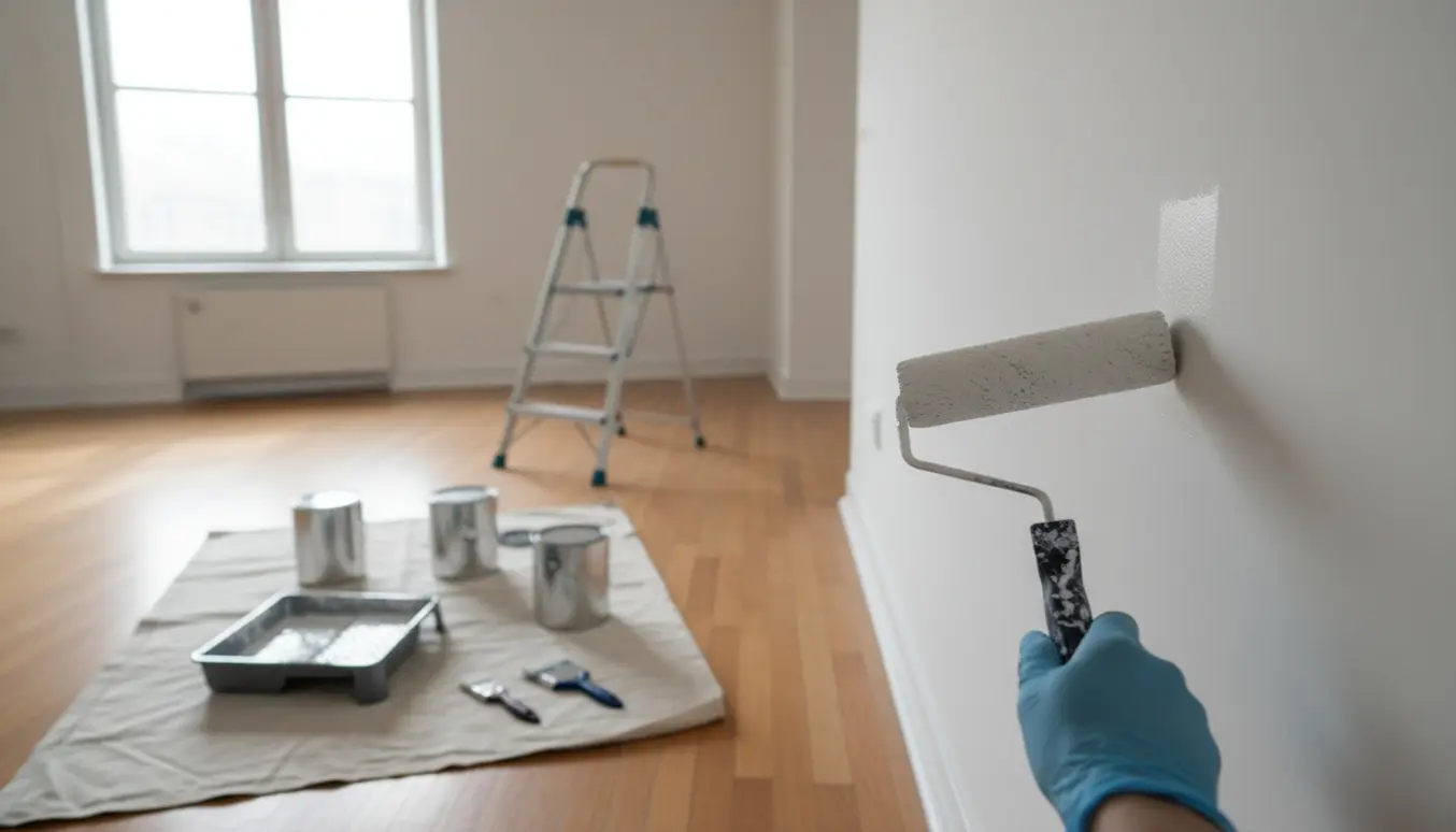Tom lejlighed med hvid væg, malerulle i brug og malerbøtte på en beskyttelsesdug.