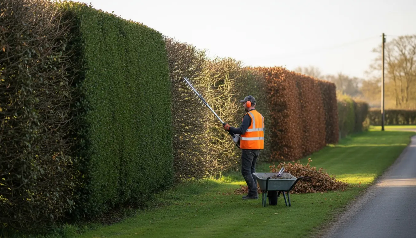 En håndværker trimmer en lang tjørnehæk med stanghækkeklipper, og en nyslået bøgehæk med afklip samlet i en trillebør.