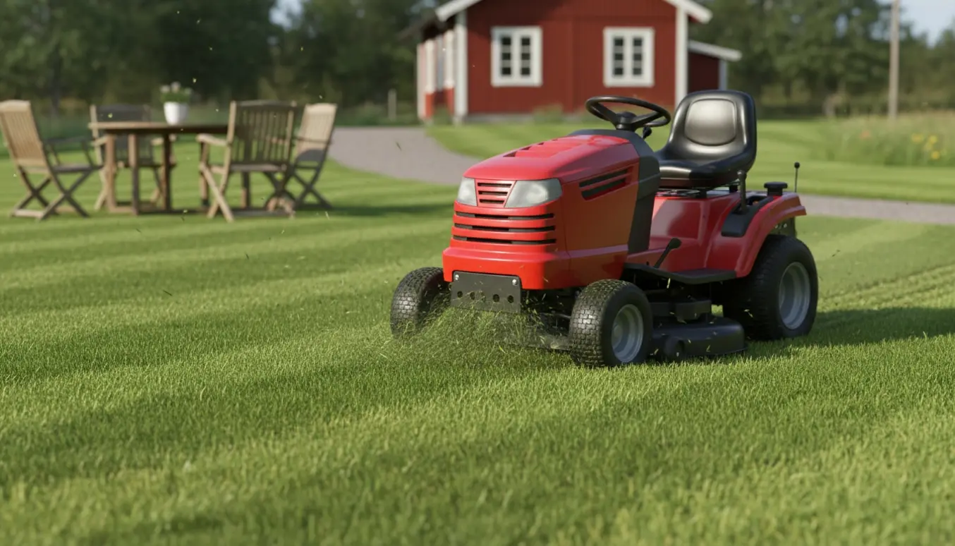 Havetraktor slår græsset i en solbelyst sommerhushave med buske og havemøbler.