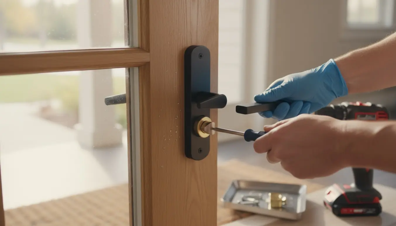 Nærbillede af hænder, der udskifter lås og håndtag på en yderdør i dagslys.