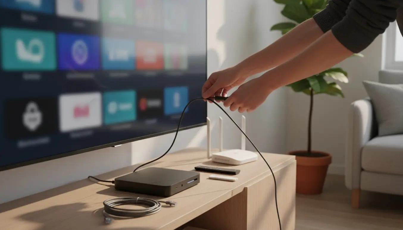 Hænder installerer en streamingboks bag et fladskærms-tv i en lys, skandinavisk stue.