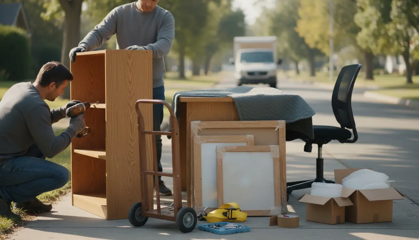 Reol bliver skilt ad og pakket på en stille villavej med skrivebord, stol og indrammede fotos klar til flytning.