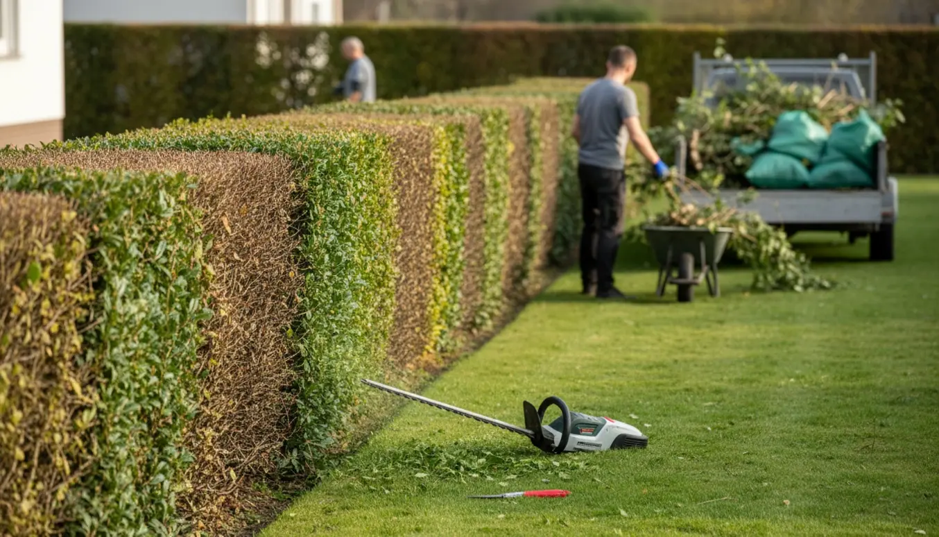 Hæk under professionel klipning med friske afklip samlet i trillebør og trailer ved en bolig.