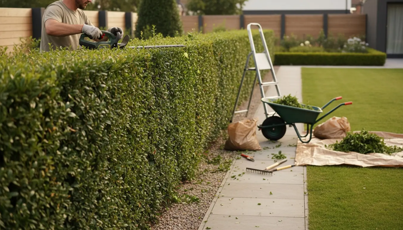 En person klipper en cirka to meter høj hæk langs en sti og samler afklip i en trillebør.