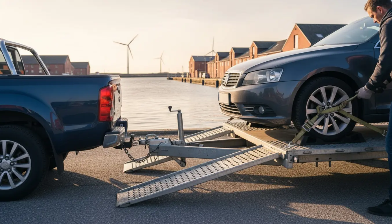 En autotrailer lastes med en bil ved en nordjysk havn, klar til transport til Risskov.