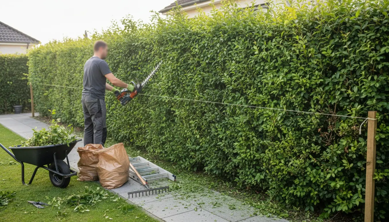 Havearbejder beskærer en høj hæk med hækkeklipper, afklip samlet i trillebør.
